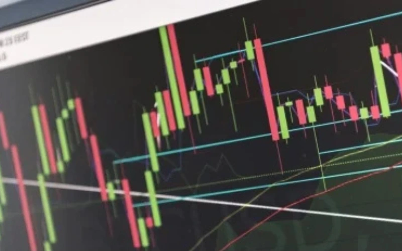 Digitale Finanzmarktanalyse mit Candlestick-Chart und technischen Indikatoren auf einem Bildschirm.